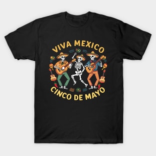 Viva Mexico Cinco De Mayo Colorful Dancing Skeletons Design T-Shirt